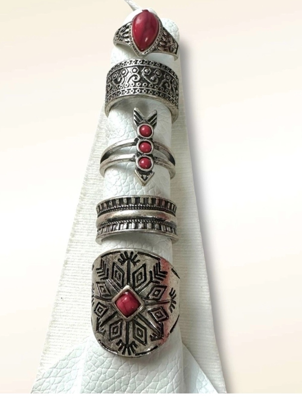NEW, Free People Ring Set FP Silver Tone Red Stone Boho Stacking Womens Jewelry - Picture 6 of 7